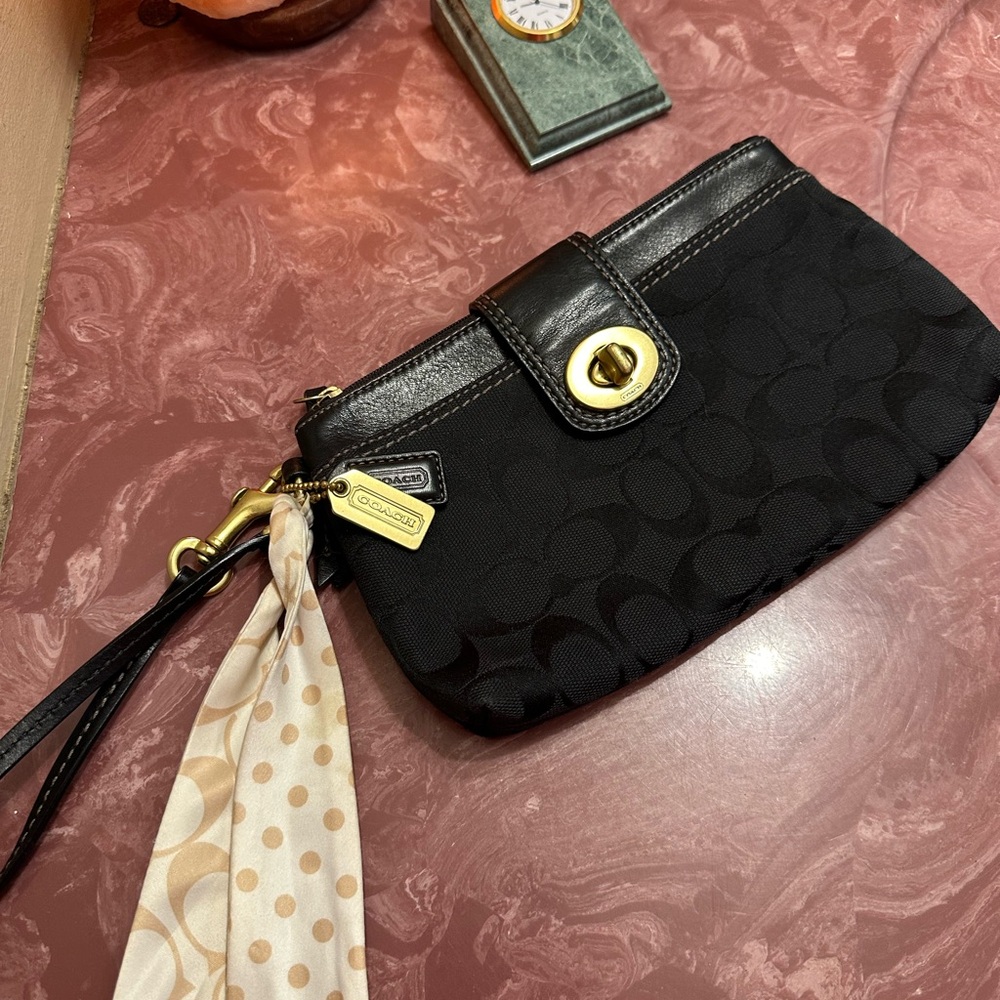 Coach Black Wristlet with Gold Clasp and Cream Polka Dot Scarf